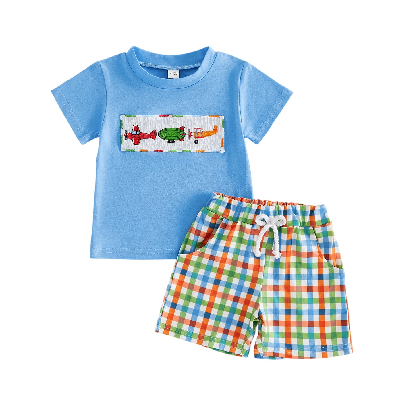 Boy's Summer Short Sleeve Outfit Cartoon Plane Checkered Shorts Two-Piece Set A-Class Pure Cotton Baby Toddler Clothing
