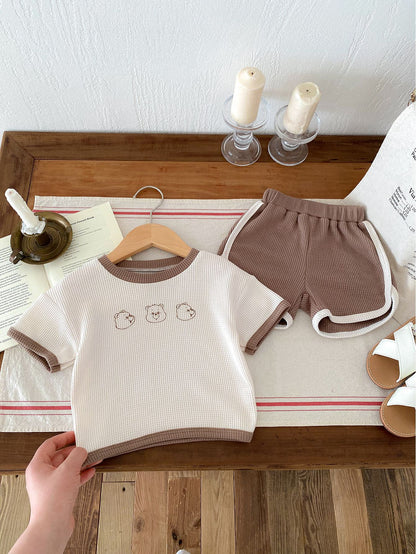 Baby Summer Outfit SetWafer Knit Short Sleeve Top ampCute Bear Design Two-Piece Set