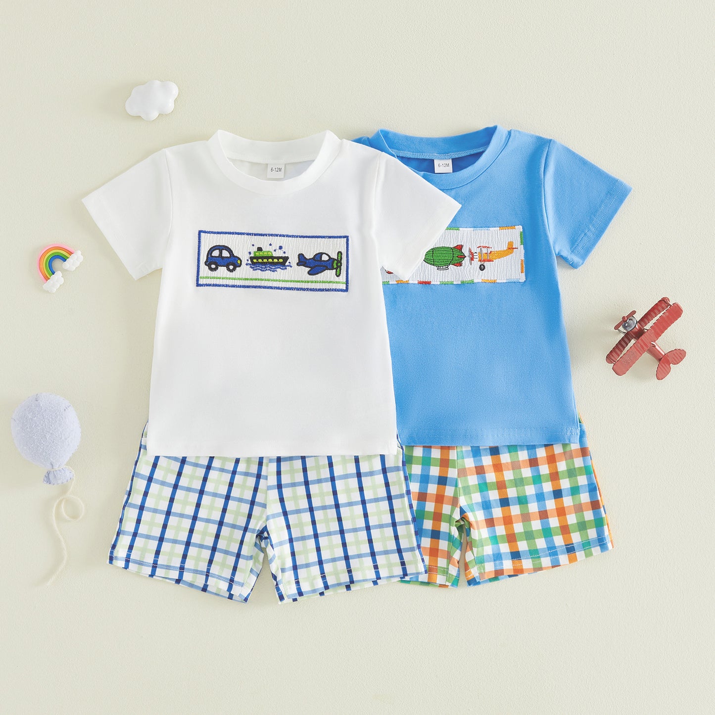 Boy's Summer Short Sleeve Outfit Cartoon Plane Checkered Shorts Two-Piece Set A-Class Pure Cotton Baby  Toddler Clothing