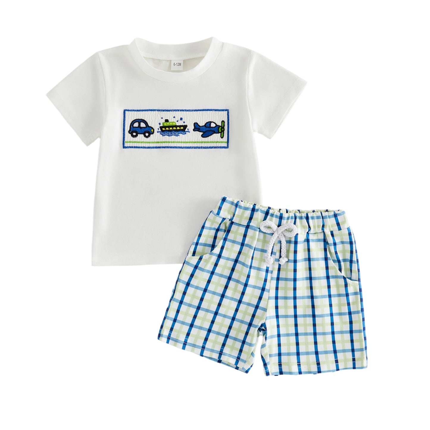 Boy's Summer Short Sleeve Outfit Cartoon Plane Checkered Shorts Two-Piece Set A-Class Pure Cotton Baby  Toddler Clothing