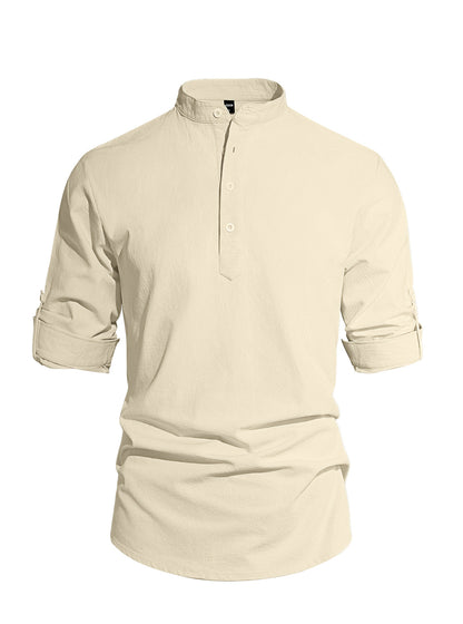 Men's Cotton Linen Henley Collar Solid Color Lightweight Long Sleeve Button-Down Shirt