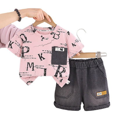 Short sleeved English denim pocket shorts set