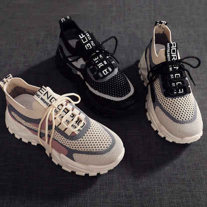 Flyknit shoes breathable and comfortable thick soled shoes dad shoes women's sports shoes