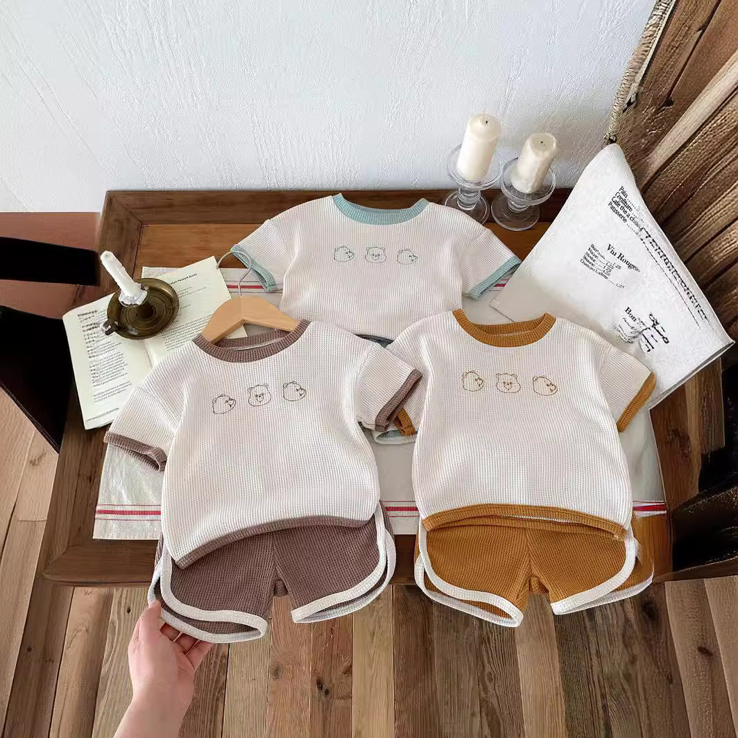 Baby Summer Outfit SetWafer Knit Short Sleeve Top ampCute Bear Design Two-Piece Set