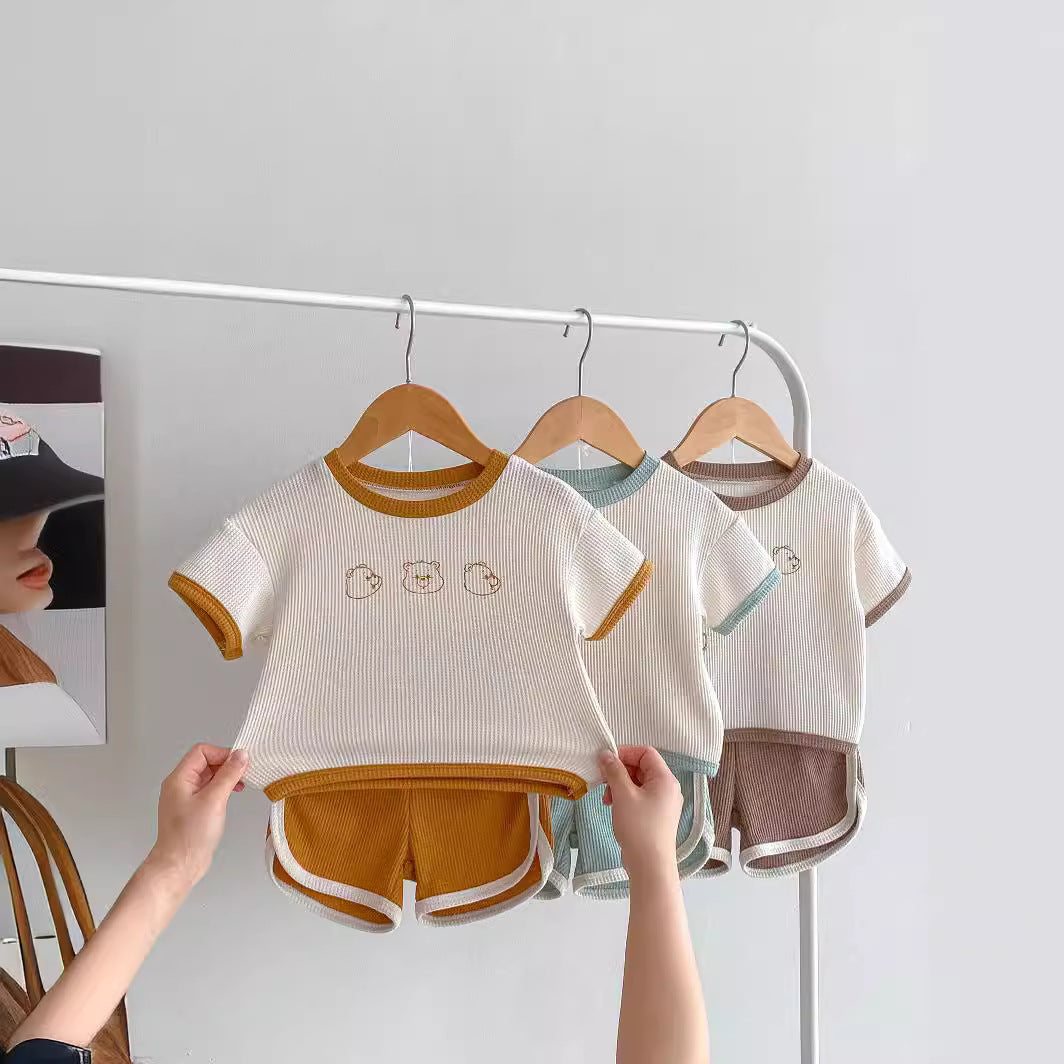 Baby Summer Outfit SetWafer Knit Short Sleeve Top ampCute Bear Design Two-Piece Set