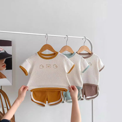 Baby Summer Outfit SetWafer Knit Short Sleeve Top ampCute Bear Design Two-Piece Set