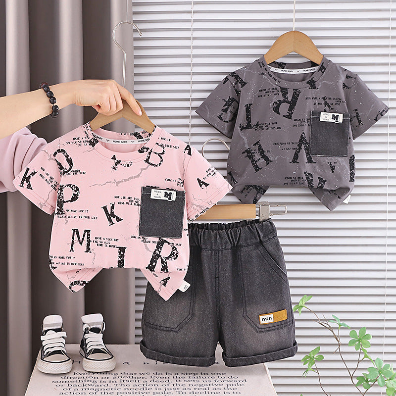 Short sleeved English denim pocket shorts set