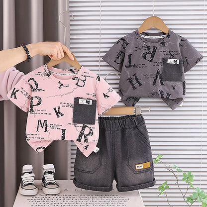 Short sleeved English denim pocket shorts set