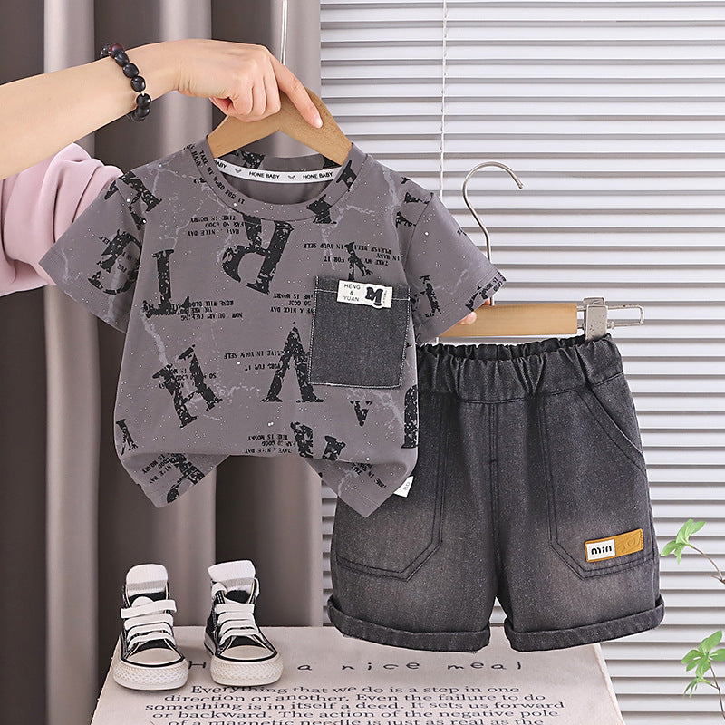 Short sleeved English denim pocket shorts set