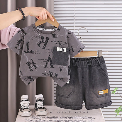 Short sleeved English denim pocket shorts set
