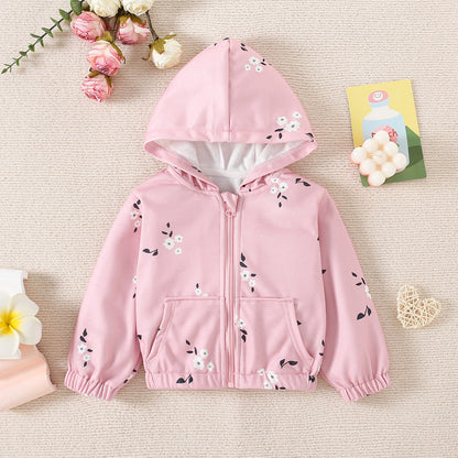 Full of floral print hooded zipper jacket