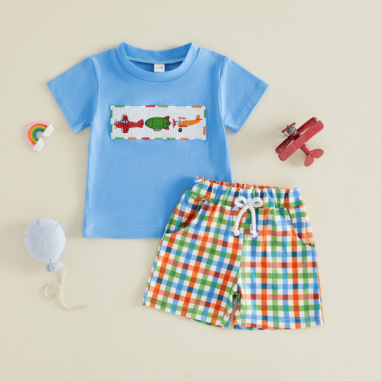 Boy's Summer Short Sleeve Outfit Cartoon Plane Checkered Shorts Two-Piece Set A-Class Pure Cotton Baby  Toddler Clothing
