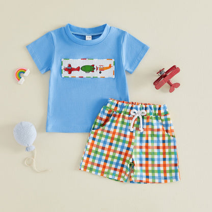 Boy's Summer Short Sleeve Outfit Cartoon Plane Checkered Shorts Two-Piece Set A-Class Pure Cotton Baby  Toddler Clothing