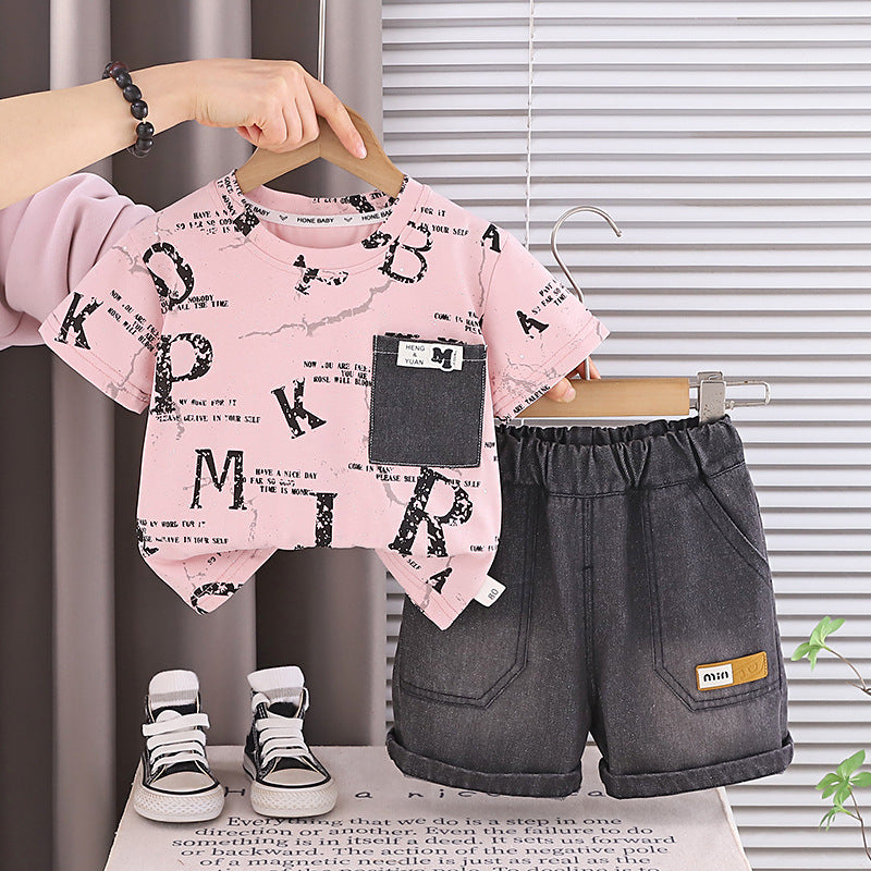 Short sleeved English denim pocket shorts set