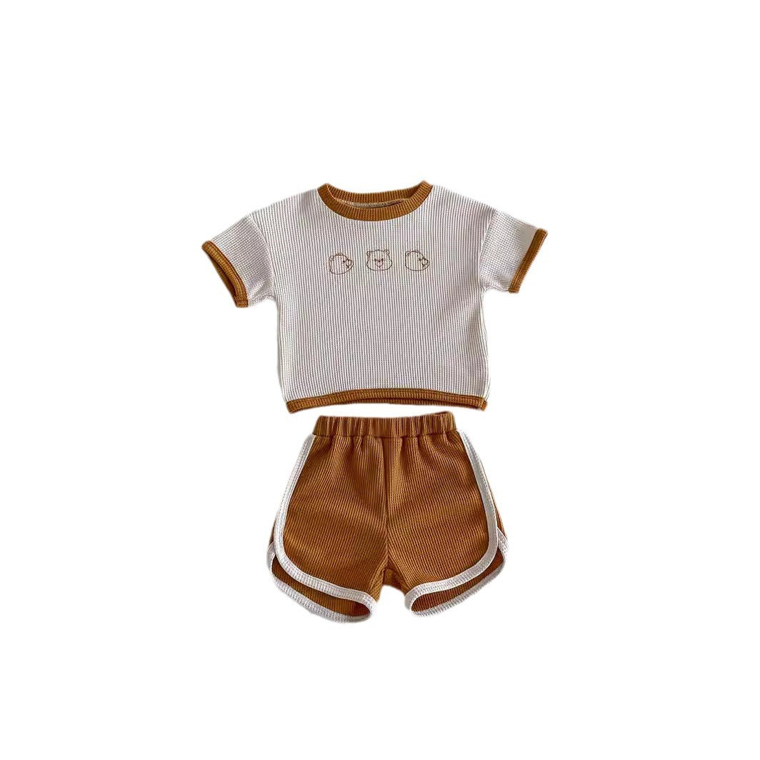 Baby Summer Outfit SetWafer Knit Short Sleeve Top ampCute Bear Design Two-Piece Set