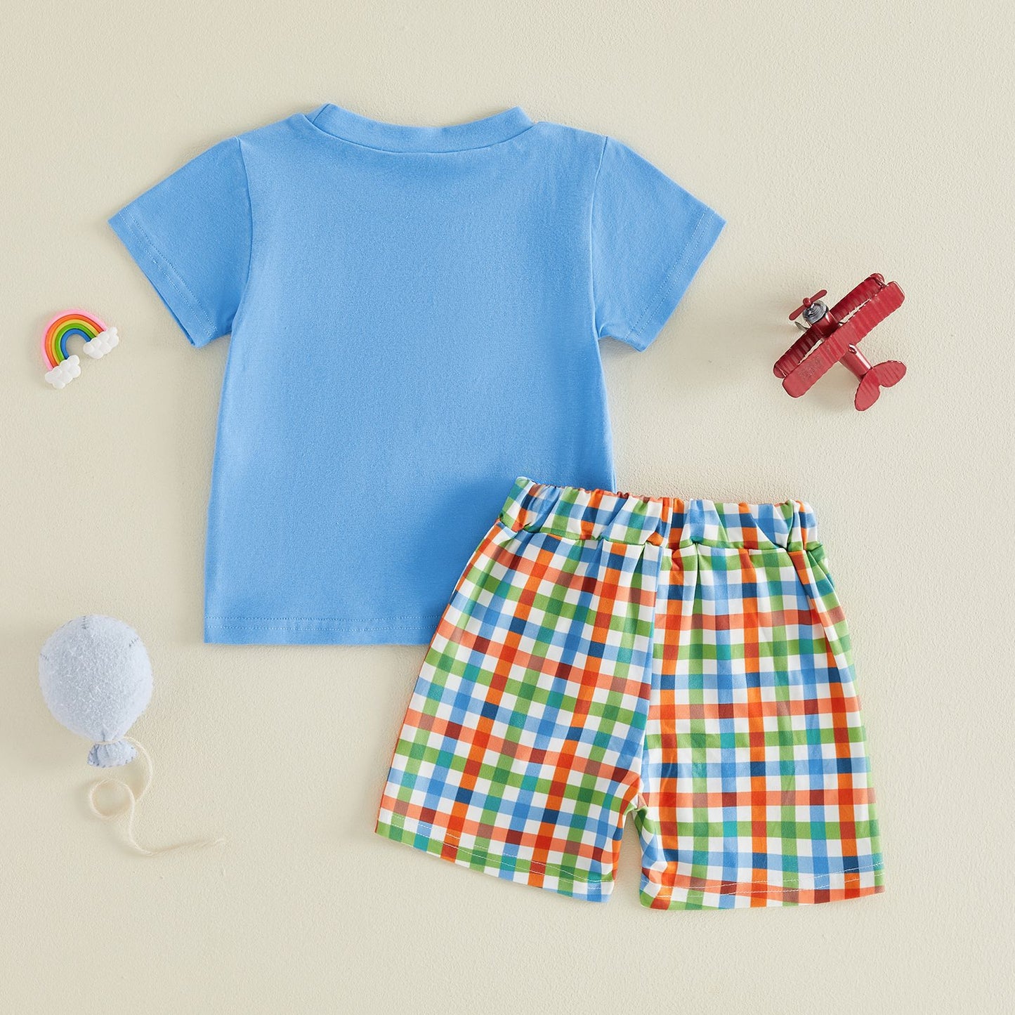 Boy's Summer Short Sleeve Outfit Cartoon Plane Checkered Shorts Two-Piece Set A-Class Pure Cotton Baby  Toddler Clothing