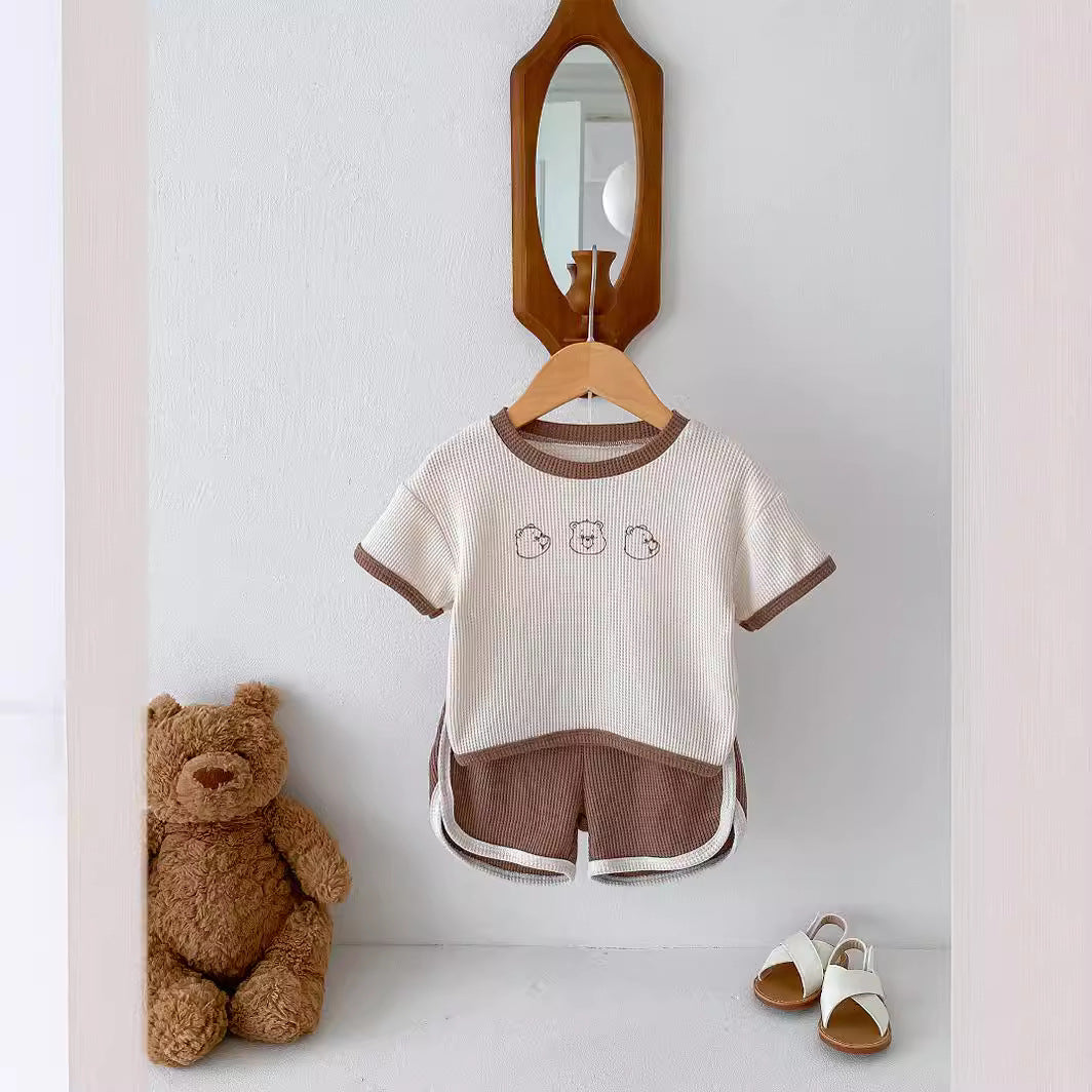Baby Summer Outfit SetWafer Knit Short Sleeve Top ampCute Bear Design Two-Piece Set