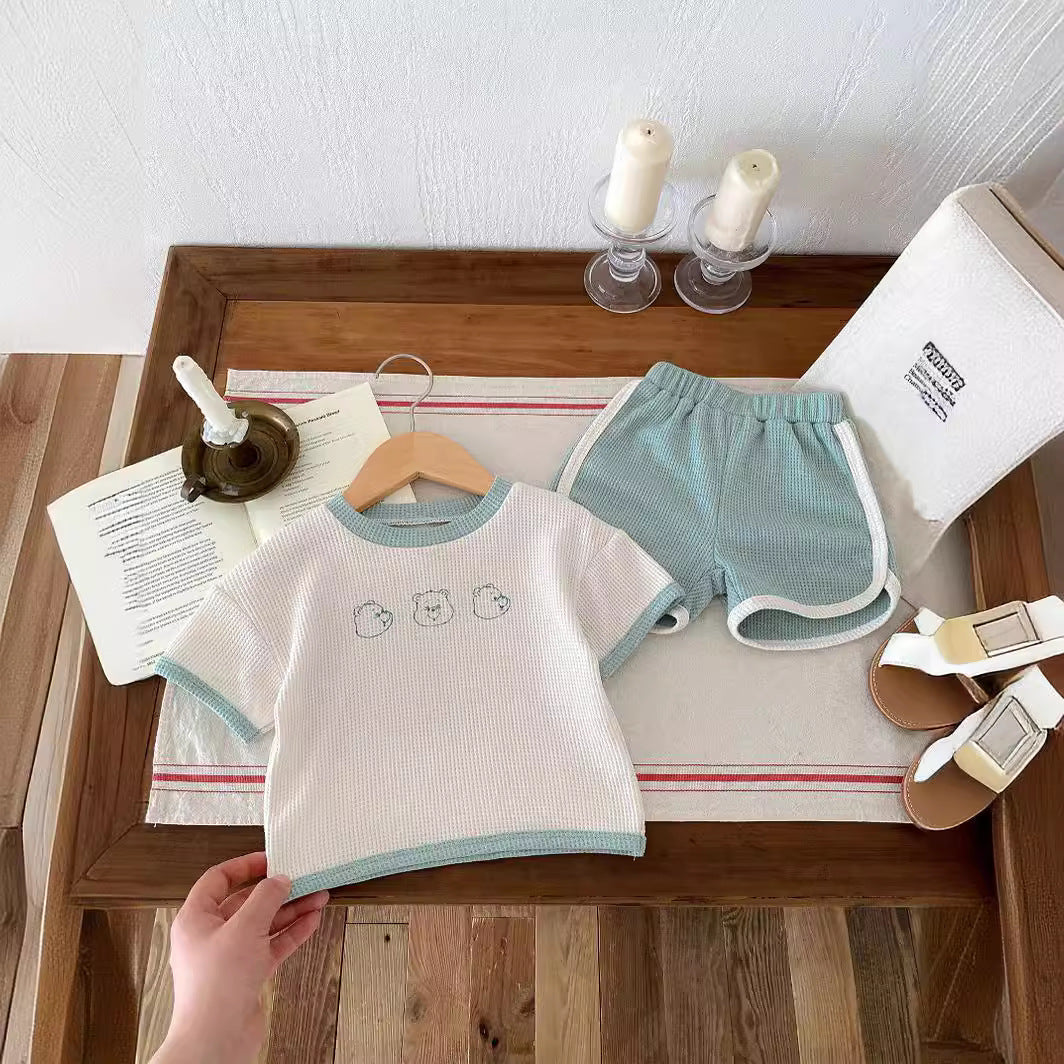 Baby Summer Outfit SetWafer Knit Short Sleeve Top ampCute Bear Design Two-Piece Set
